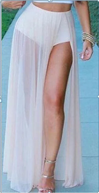 Lace Girls Summer Long Lace Skirt Women 2018 Mesh Voile Casual Skirts High Waist Bohemian Sexy Transparent Maxi Beach Skirt WHITE One Size