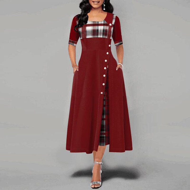 Women'S Fashion Half Sleeve Plaid Print Button Detail Maxi Dress Claret