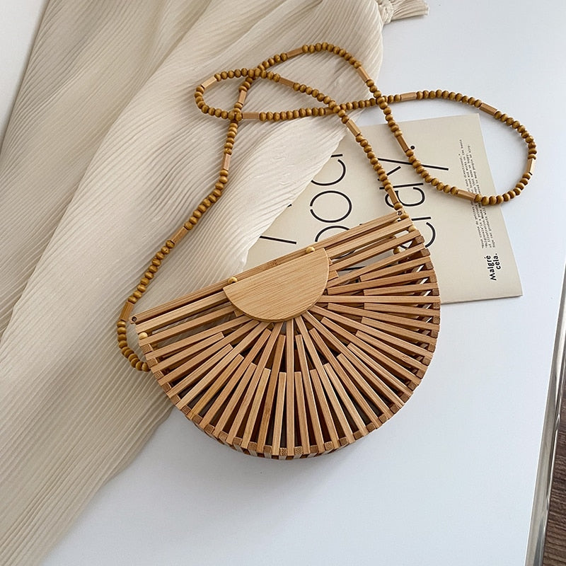 Semicircle Bamboo Small Crossbody Shoulder Bags with Handle for Women 2024 Summer Branded Luxury Beach Handbags Fashion Weave Big Size 20x13x5 cm