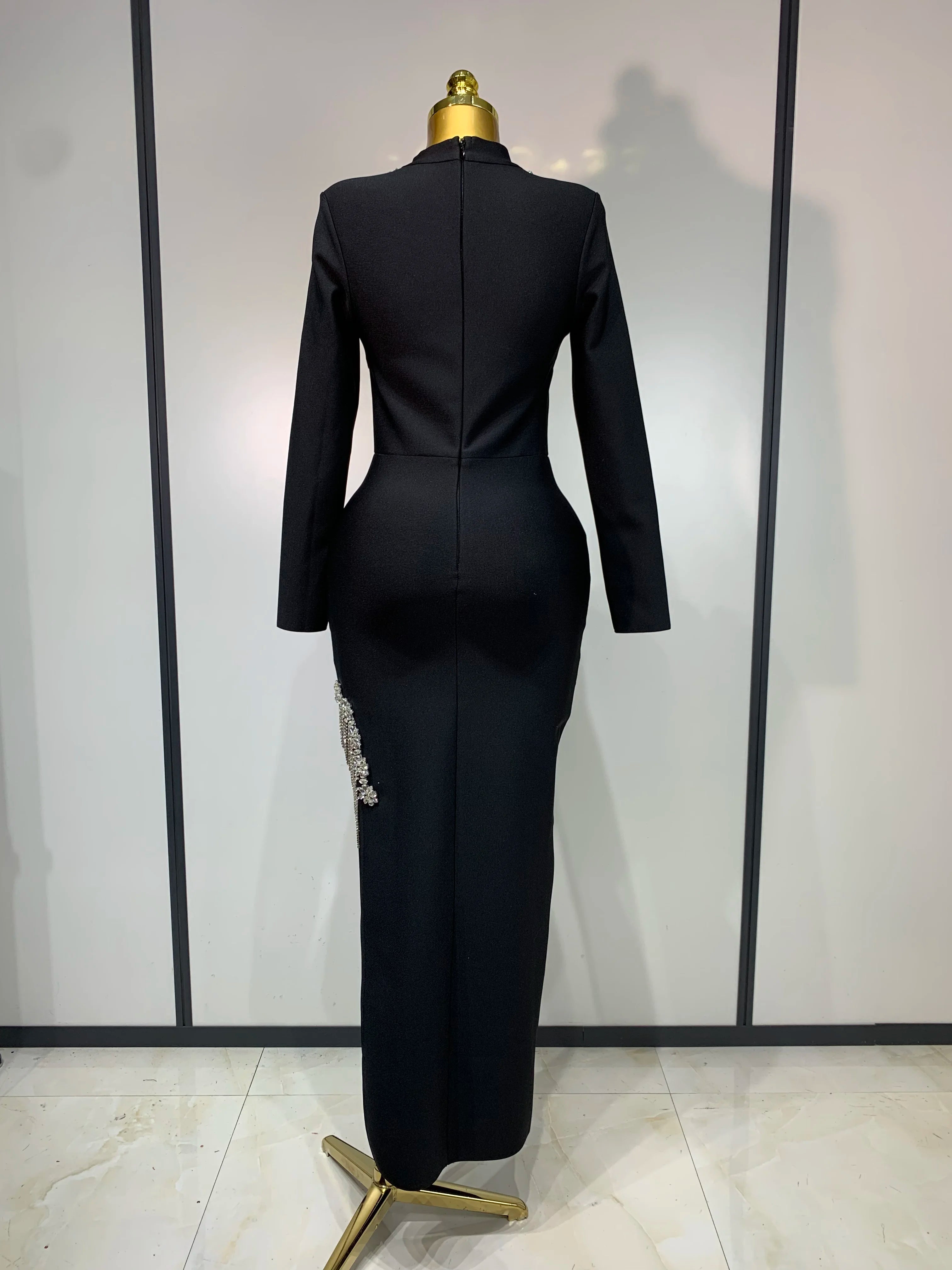 Women Long Sleeve Sexy Shinning Crystal High Split Bodycon Long Bandage Dresses Elegant Evening Party Birthday Cocktail Outfit