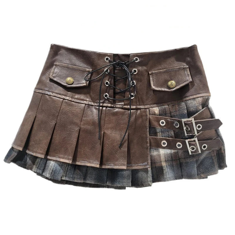 Spring New Fashion Fake Two-Piece PU Leather Patchwork Pleated Short Skirt For Women Side Zipper Skirts 11A07885
