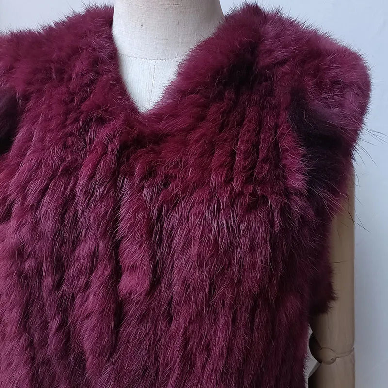New Women Burgundy Knitted Real Fur vest with tassel V-neck fluffy Genuine Fur Gilet Hot Sale Natural Rabbit Waistcoat