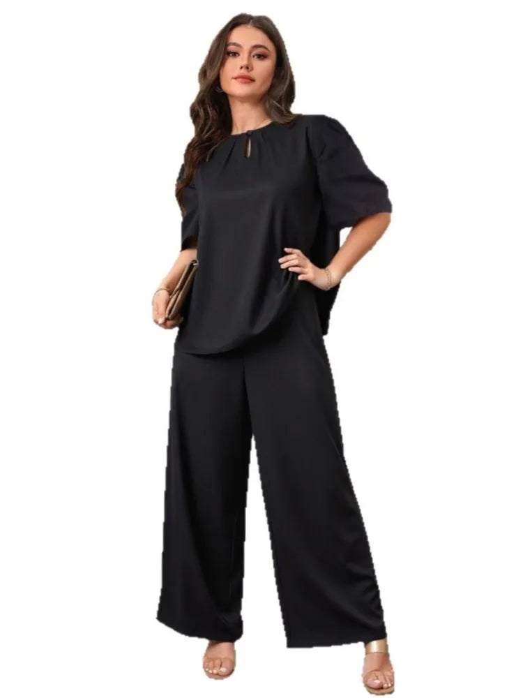 Plus Size Summer 2 Two Piece Set Women Pleated Short Sleeve Modis Casual Ladies Blouses Loose Wide Leg Elastic Waist Woman Pant