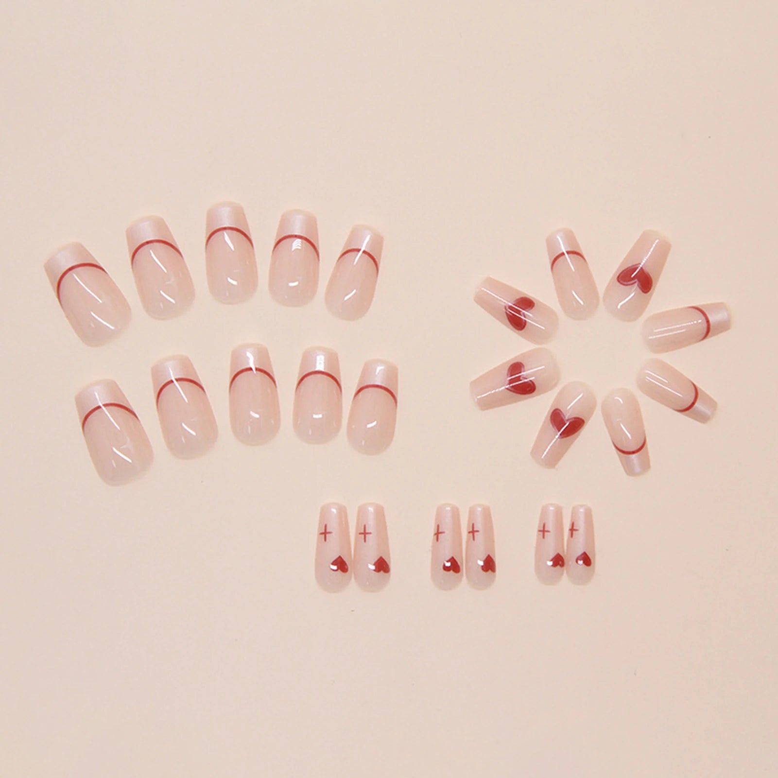 Nude Color Ballet Fake Nails 24Pcs French Press On Nails Love Heart Printed Ballerina Wearable False Nails Valentine's Day Use
