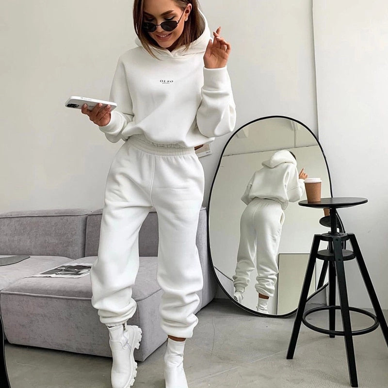 Women Tracksuit Autumn Winter Warm Hoodies Top Suits Casual Hooded Sweatshirts And Jogging Pants Outfits Sweatpants 2 Piece Sets