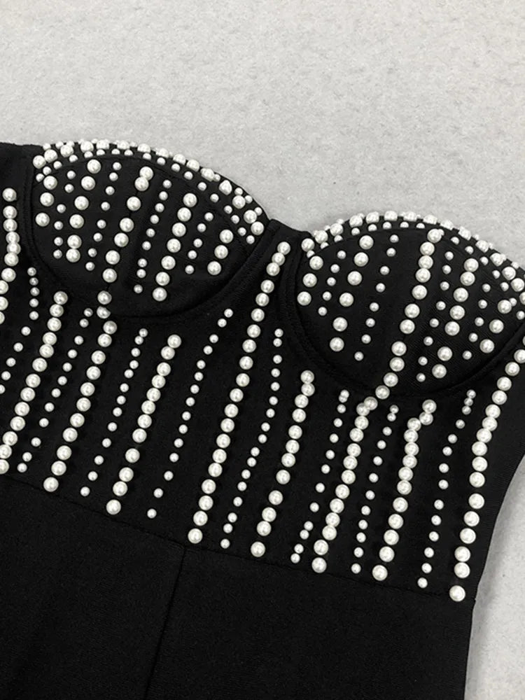 Celebrity Women Luxury Sexy Strapless Pearl Black Bodycon Bandage Jumpsuit 2025 Celebrity Designer High Street Rompers