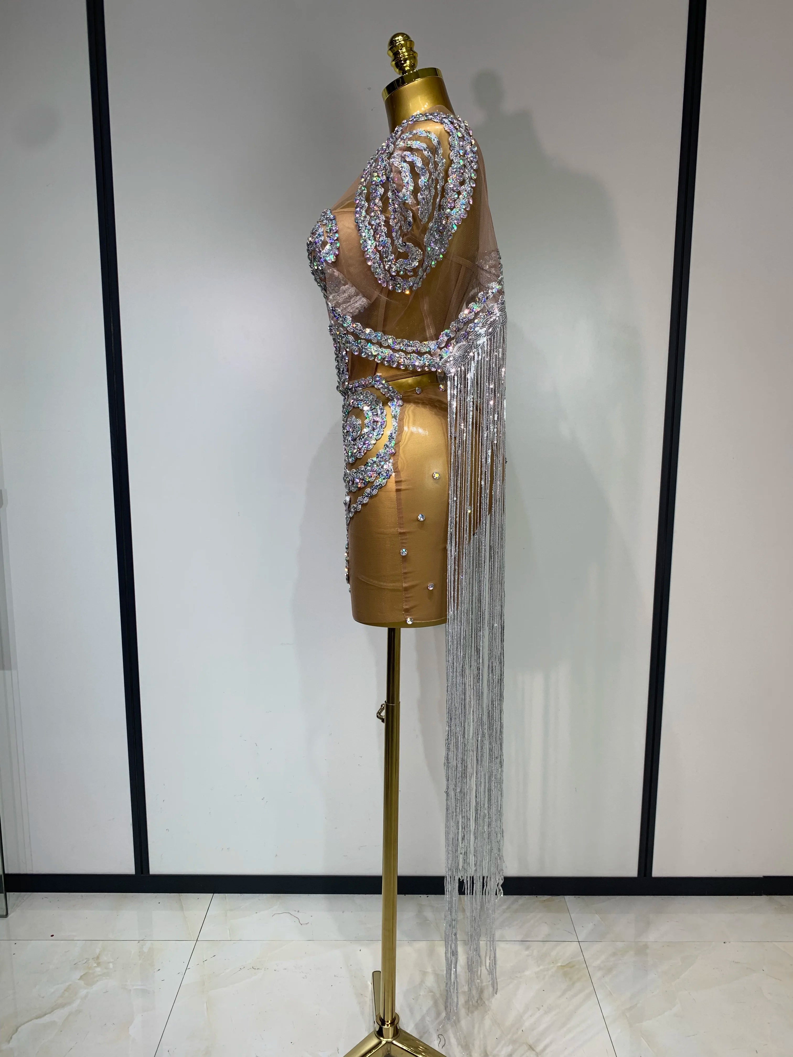 Sparkly Rhinestones Tassel Sexy Mesh Transparent Short Dress Women Evening Party Luxury Birthday Nightclub Singer Stage Costume