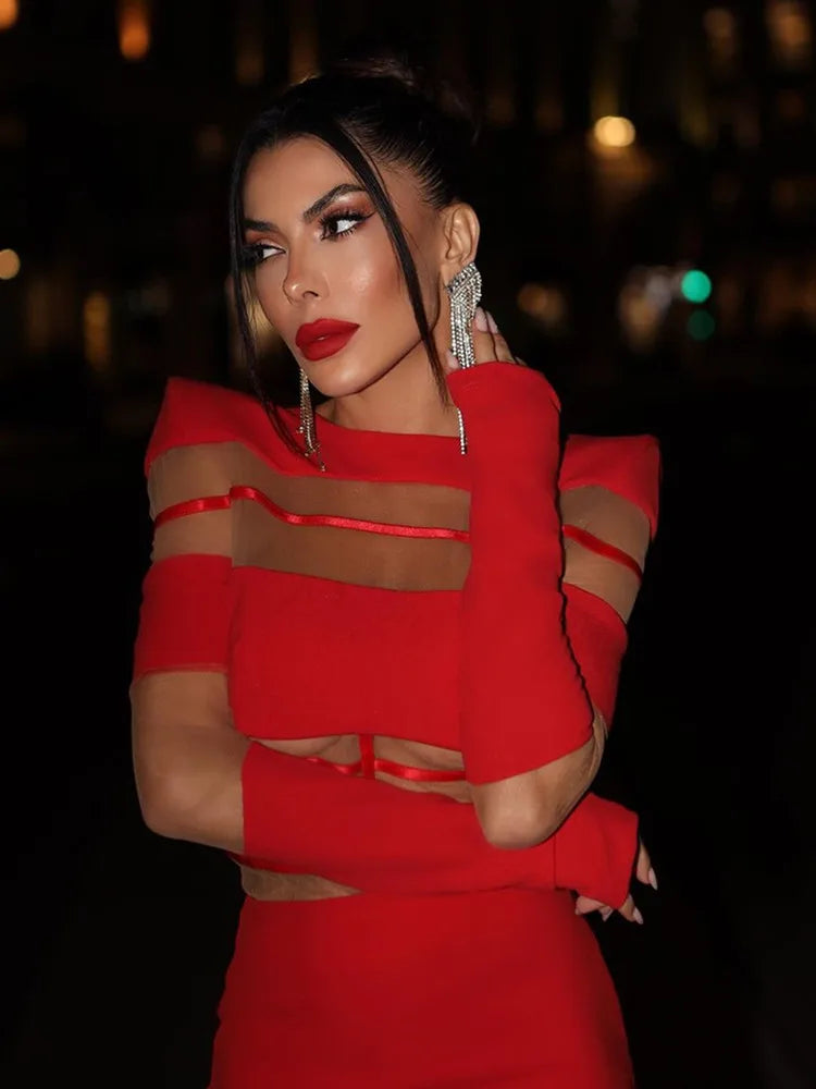 Autumn Sexy Long Sleeve Black Red White Ankle Length Mesh Women Celebrity Dress 2024 Elegant Party Evening Club Vestido