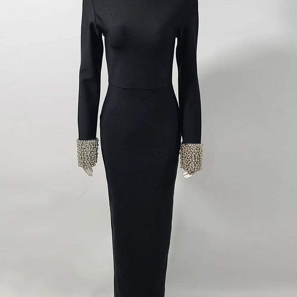 2025 Elegant Women Light Luxury Nail Bead Design Bandage Dress High Collar Long Sleeve Bodycon Long Dress Evening Party Vestidos