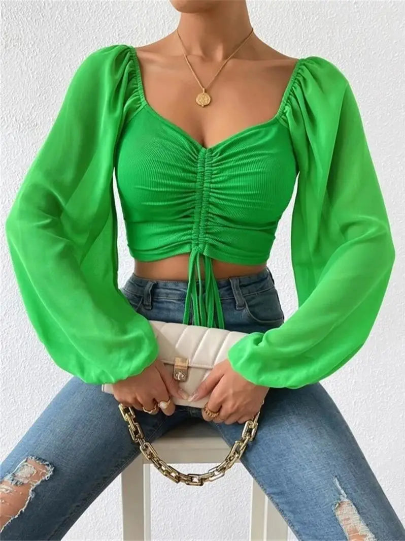 Woman’s Tops Puff Sleeve Sexy Close-Fitting Summer and Spring Lace up V-neck Fashion Solid Color Simple Long Sleeve Hot green