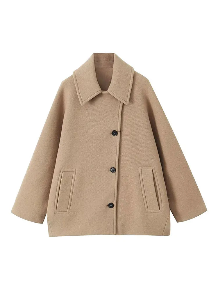Women Fashion Wool Lapel Coats Vintage Cape Sleeve Casual Single Breasted Pockets Jackets Autumn Winter Female Chic Streetwear Khaki
