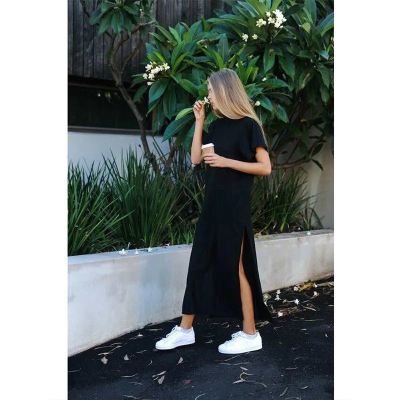 Summark Maxi T Shirt Dress Women Summer Beach Casual Work Sexy Boho Elegant Vintage Bodycon Wrap Black Long Dresses Plus Size