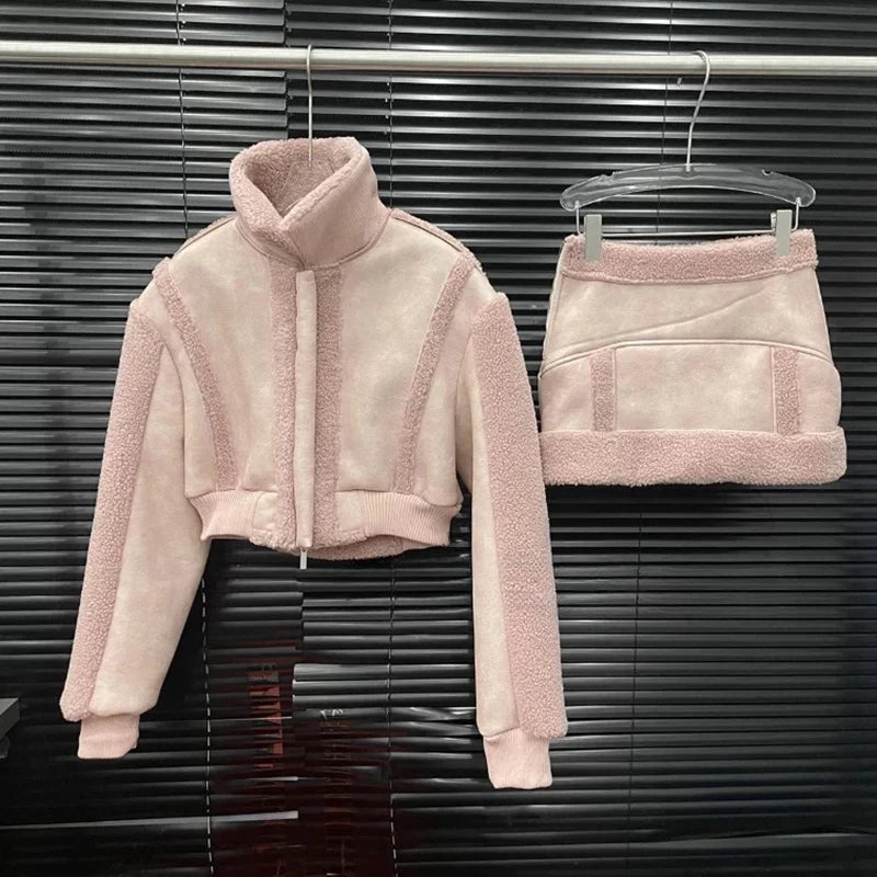 Autumn Winter New Fashion Fur-Lined Thickened Short Coat Patchwork Short Skirt Two-Piece Set For Women 11A07782 Pink