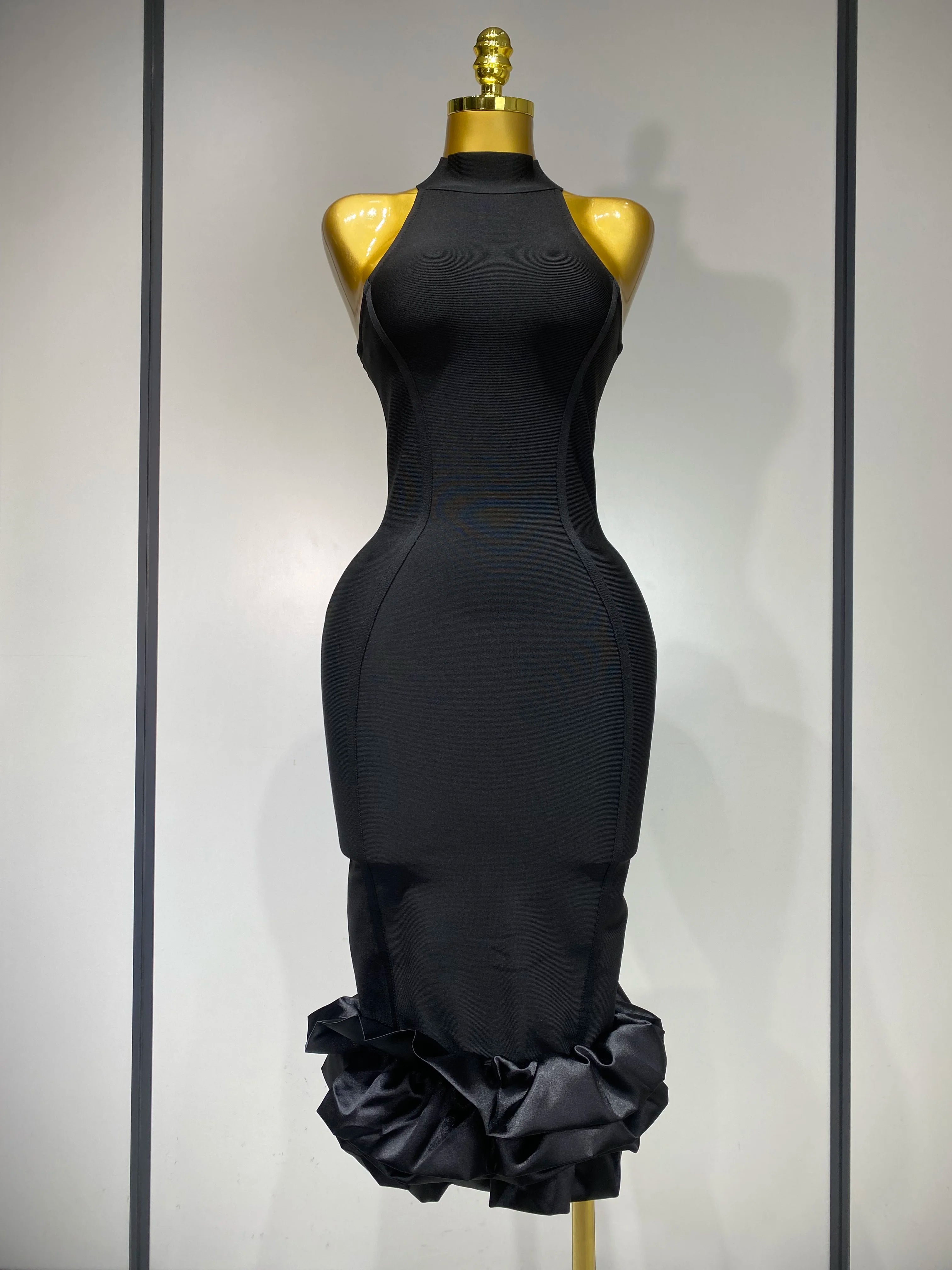 Women Sexy High Collar Ruffle Black Bandage Dress Sheath Sleeveless Party Prom Gown Elegant Formal Luxury Birthday Club Dresses black