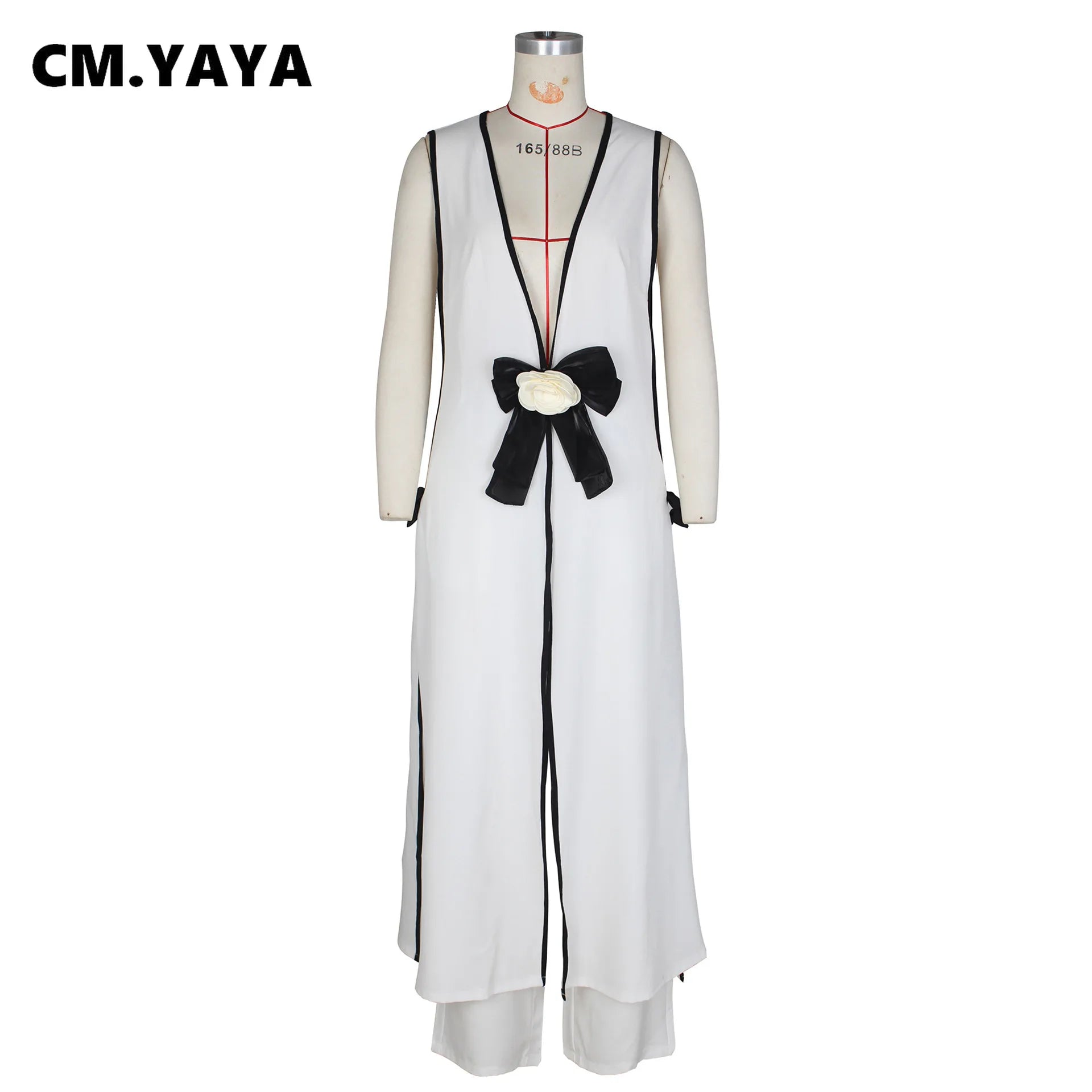 Women Set 3D Flower Sleeveless V-neck X-long Shirt Coats + Wide Leg Pants Two 2 Piece Sets Fashion Outfits 2024 Summer