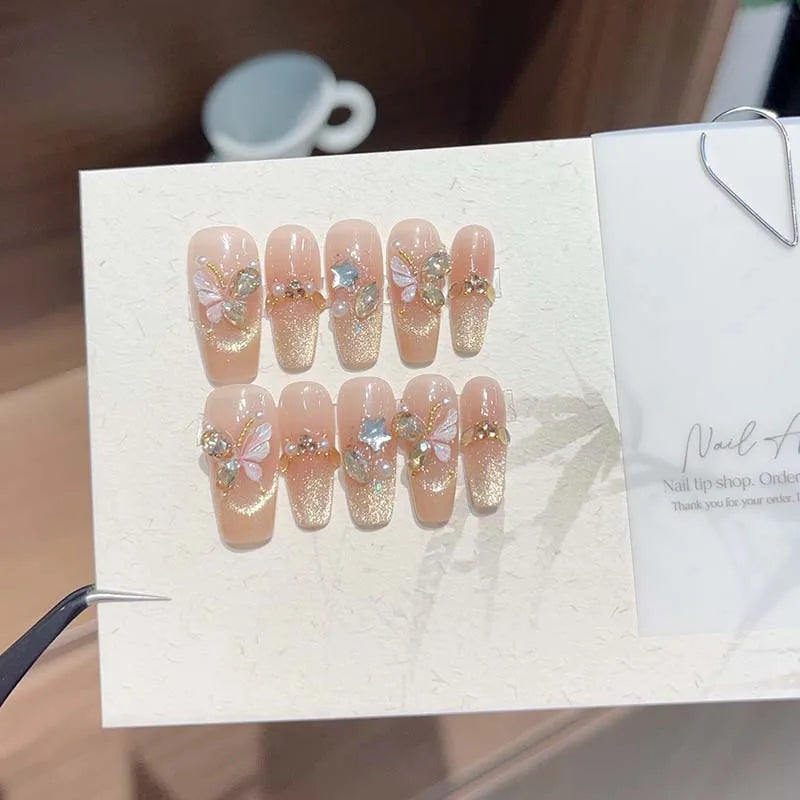 Press on Fake Nails Mid-length Glitter Ballet French False Nails with Glue Cat Eye Nails with Butterfly Designs Nail Full Cover 2 M