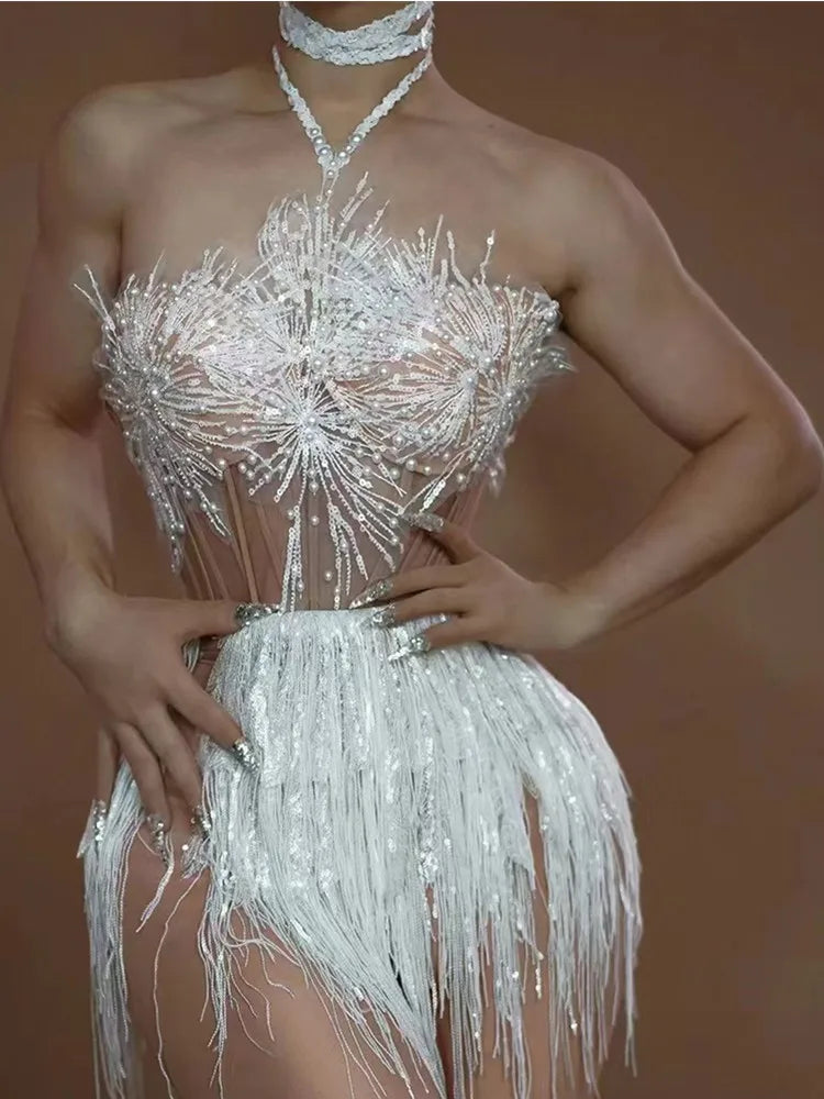 Stock Women Backless Halter Tassel Pearl Snow Mini White Dress Birthday Party Costume Bar Nightclub Stage Performance Dress Up Snow