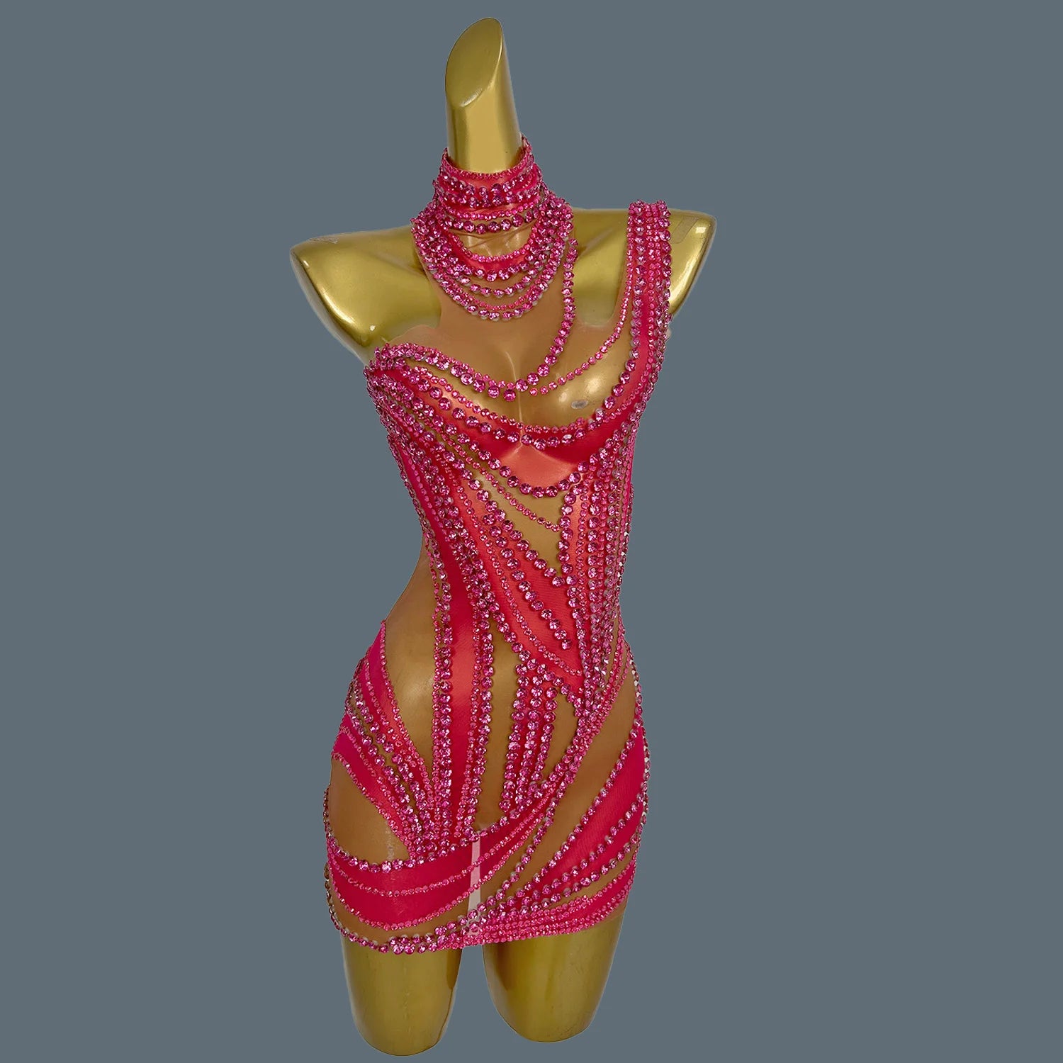 Sparkly Rhinestone Mini Dress Sexy Mesh See Through Party Event Prom Celebrate Birthday Dress Singer Show Wear Liuzhuan Rose Red One Size