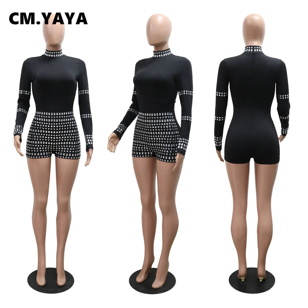 Women Diamonds Hot Rhinestones Long Sleeve Short Jumpsuits 2024 Summer Sexy Party Club One Piece Suit Rompers Playsuits