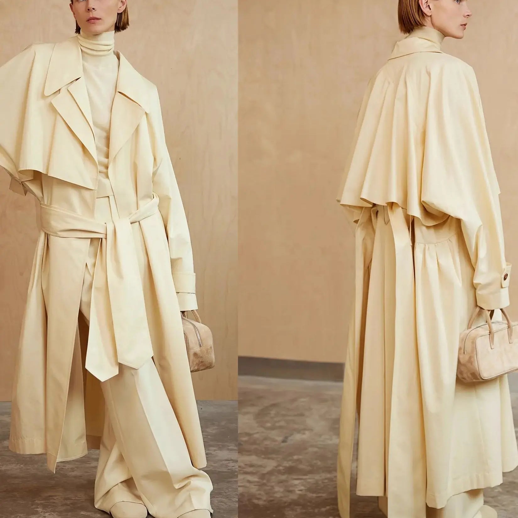 Lautaro Spring Autumn Oversized Khaki Flowy Long Trench Coat for Women Sashes Luxury Loose Casual Korean Fashion Overcoat 2025 Creamy beige