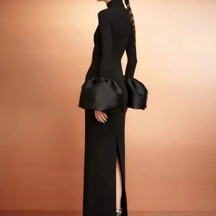 2024 Elegant Women's Black Maxi Dress Stand up Neck Flare Sleeves Bodycon Bandage Long Dresses Cocktail Evening Party Vestidos
