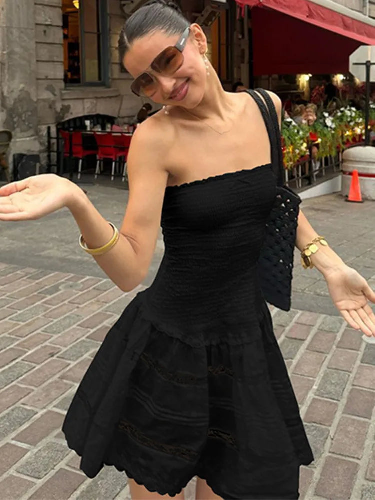 Off-shoulder Strapless A-line Sexy Mini Dress For Women Fashion Lace Sleeveless Backless High Waist Club Party Dress black