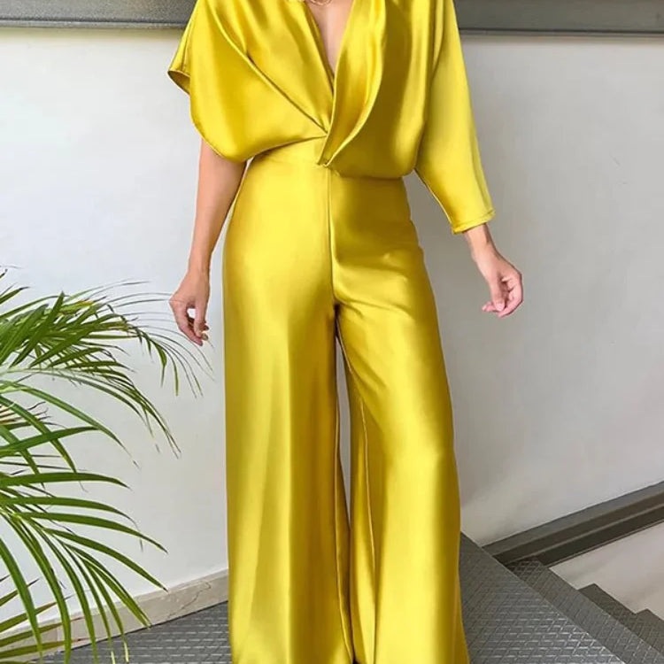 Women's Solid Color Jumpsuit Spring Summer Adult Female V-neck Sexy Short Sleeves High Waist One-piece Suits