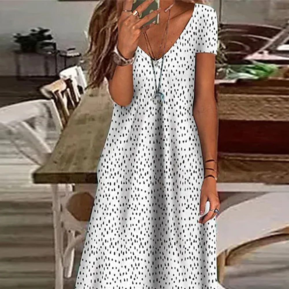 Summer Boho Floral Polka Dot V Neck Long Maxi Dress Elegant Ladies Holiday Beach Loose Retro Sundress