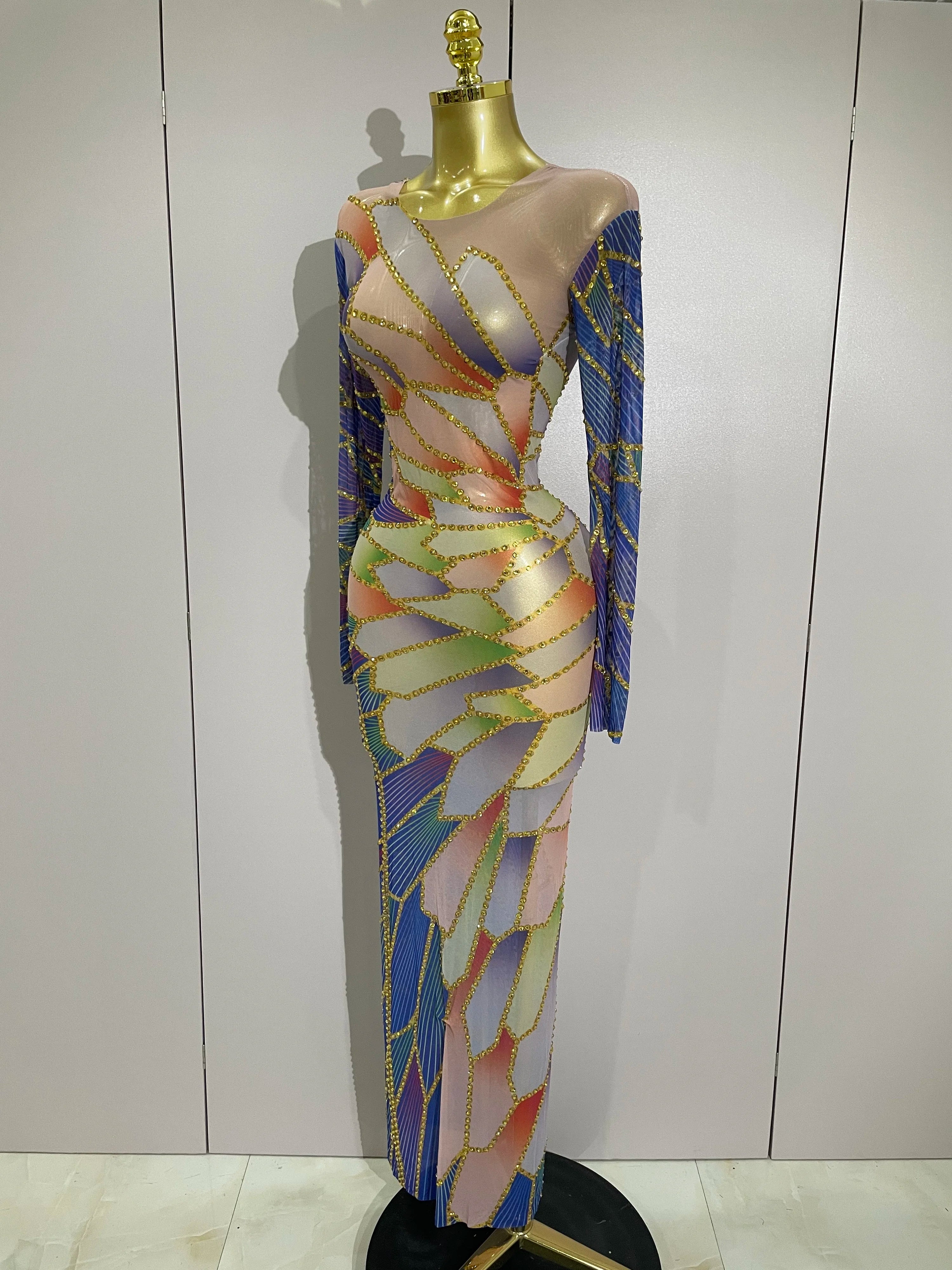 2025 New Luxury Sparkly Rhinestone Stretchy Mesh See Through Long Dress Women Birthday Party Performance Nightclub Stage Costume