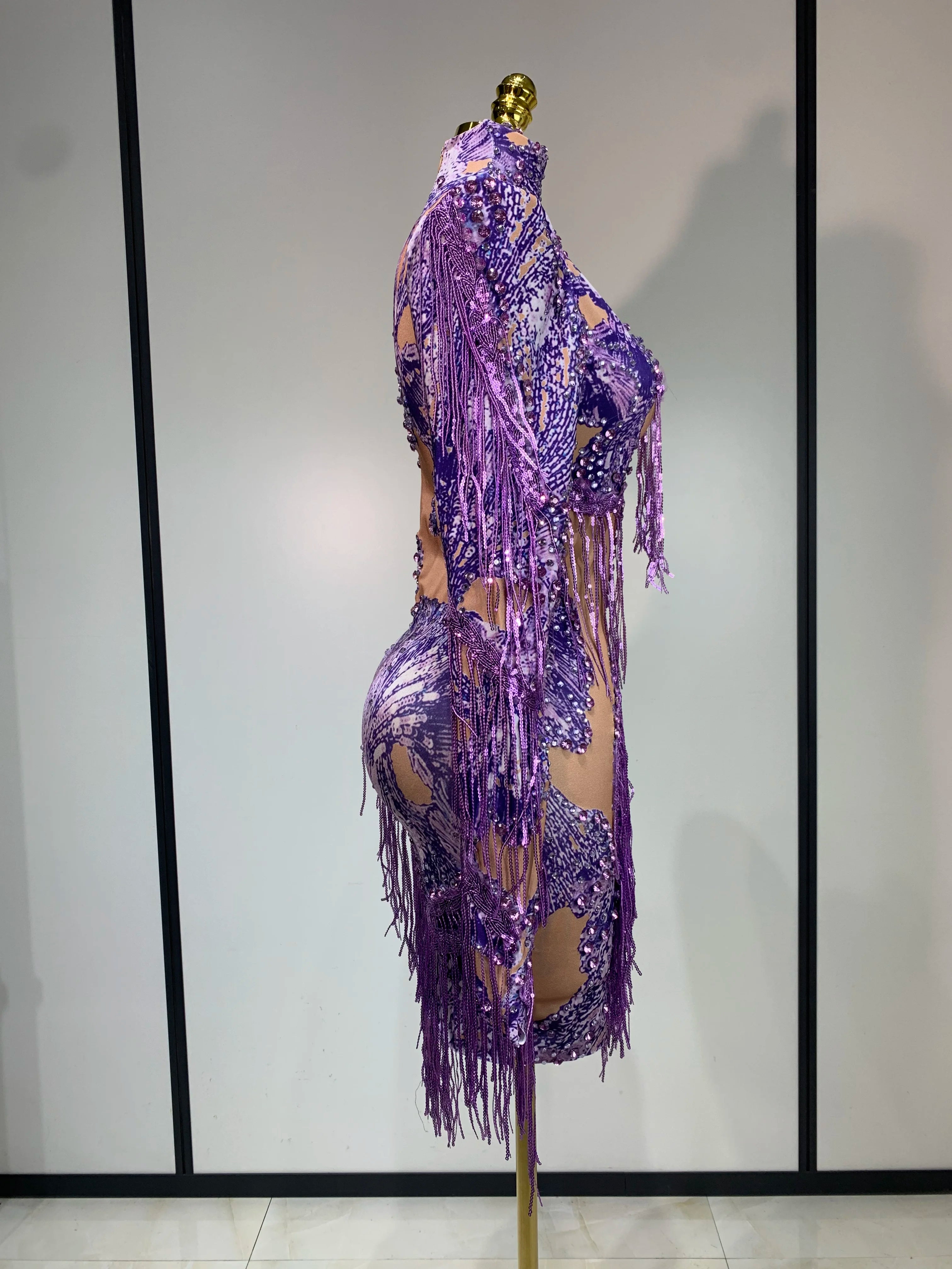 Sexy Sparkly Purple Rhinestones Tassel One Shoulder Sleeve Mini Dress Evening Party Birthday Nightclub Stage Performance Outfit