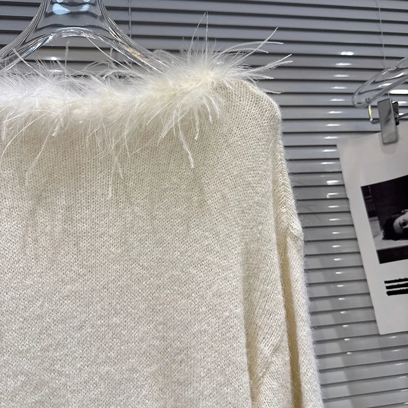 Winter Fashion Feather Trim Loose Elastic Knit Sweater For Women Solid Color Versatile Pullover 11A07673