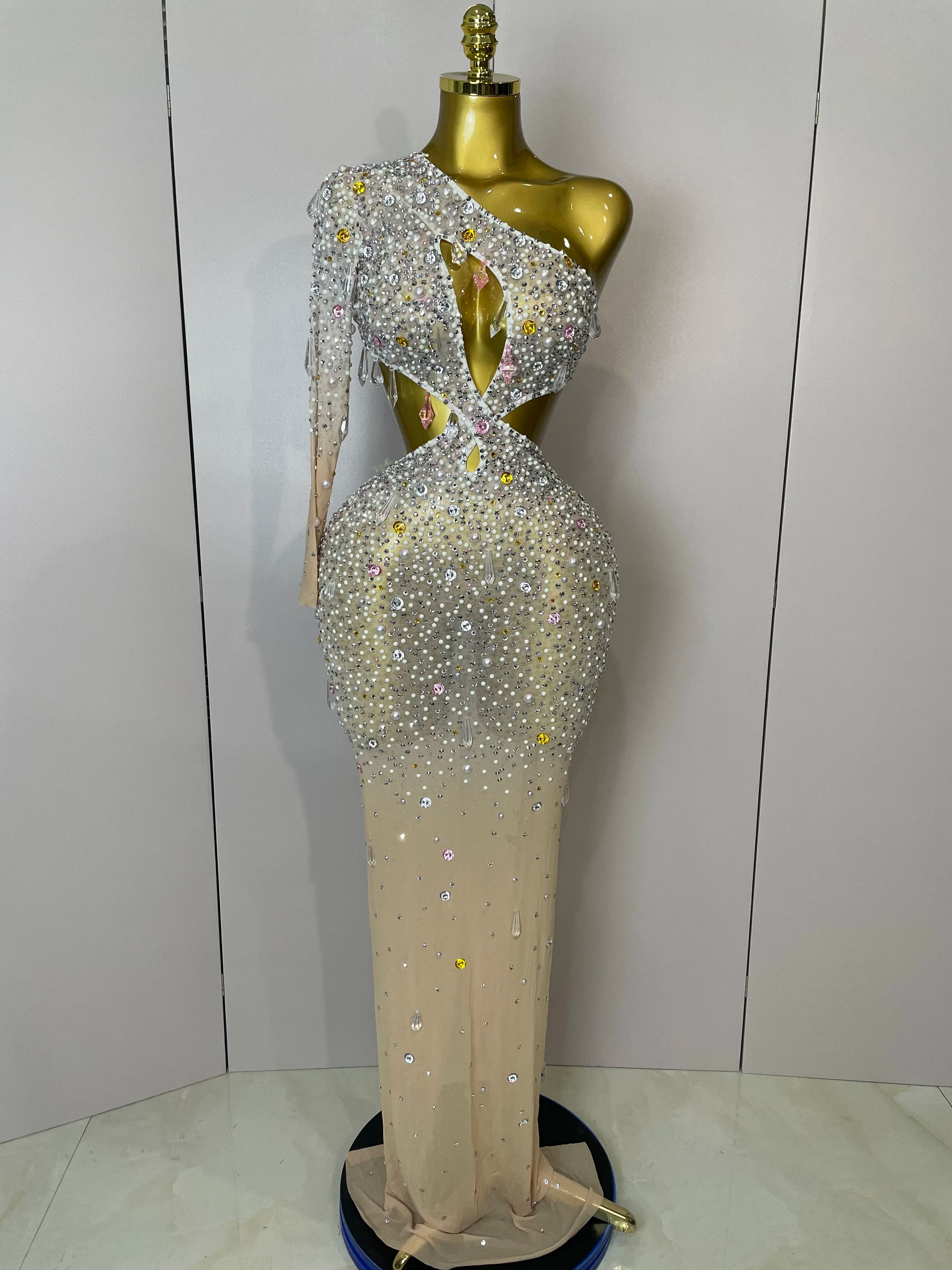 Stock 2025 Women Sexy One Shoulder Hollow Out Big Crystal Bodycon Long Dress Celebrate Nightclub Party Bar Singer Birthday Dress MULTI