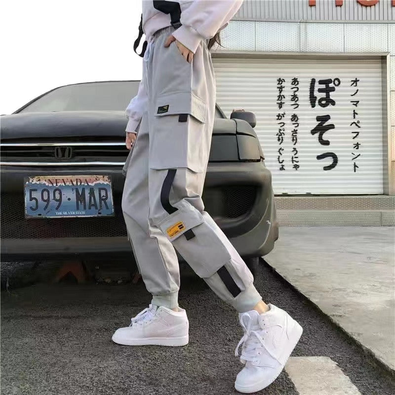 Pantalon Cargo sarouel pour femmes, mode Punk, poches, survêtement avec chaîne, Harajuku, élastique, taille haute, Streetwear