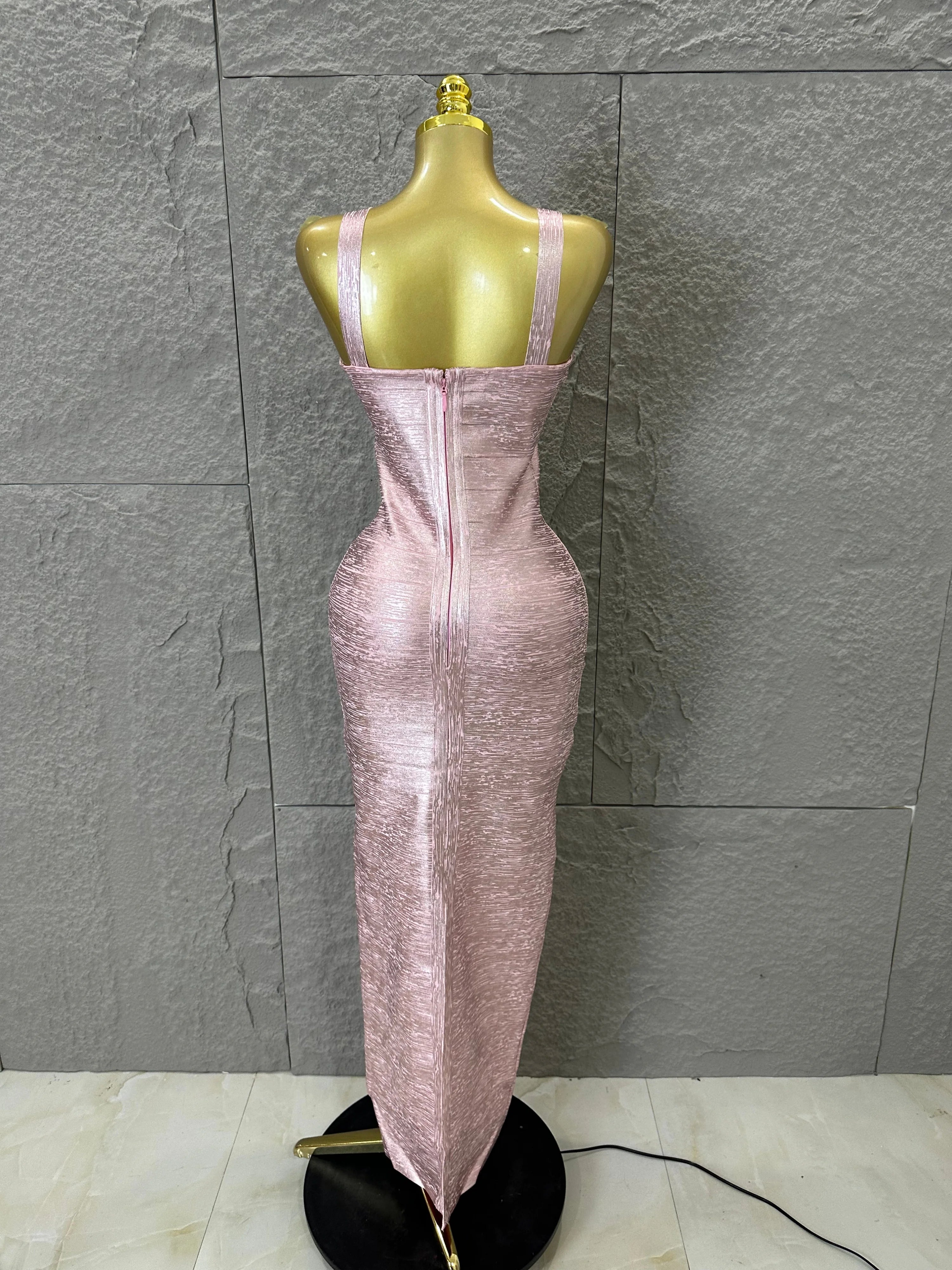 Elegant Pink Square Neck Maxi Dress Women Sexy Sleeveless Metallic Shimmer Form-Fitting Bandage Outfit Cocktail Party Costume