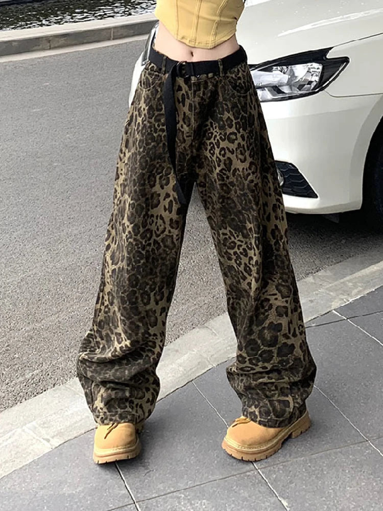 Woman Vintage Leopard Jeans Spring Autumn Simple Casual Oversize Wide Leg Trousers Streetwear Hip Hop Female Loose Pants