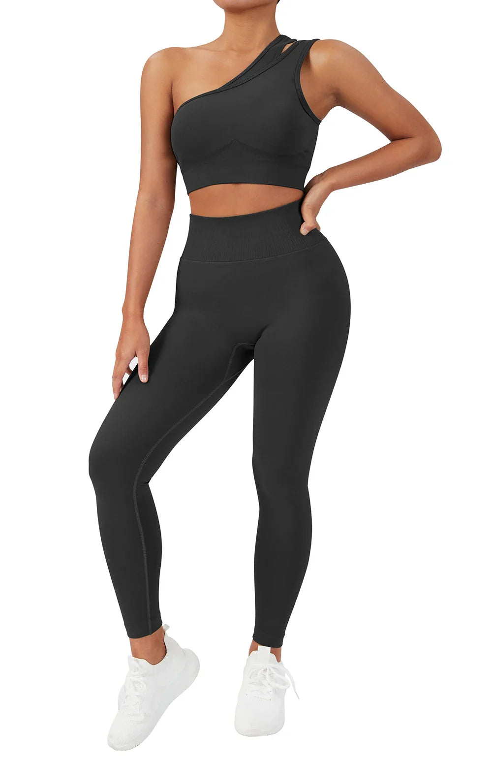 2 Pcs Yoga Set Women Seamless Gym Sportswear Outfits Workout Fitness Gym Clothing One Shoulder Sports Suit for Fitness Women SS321BK S