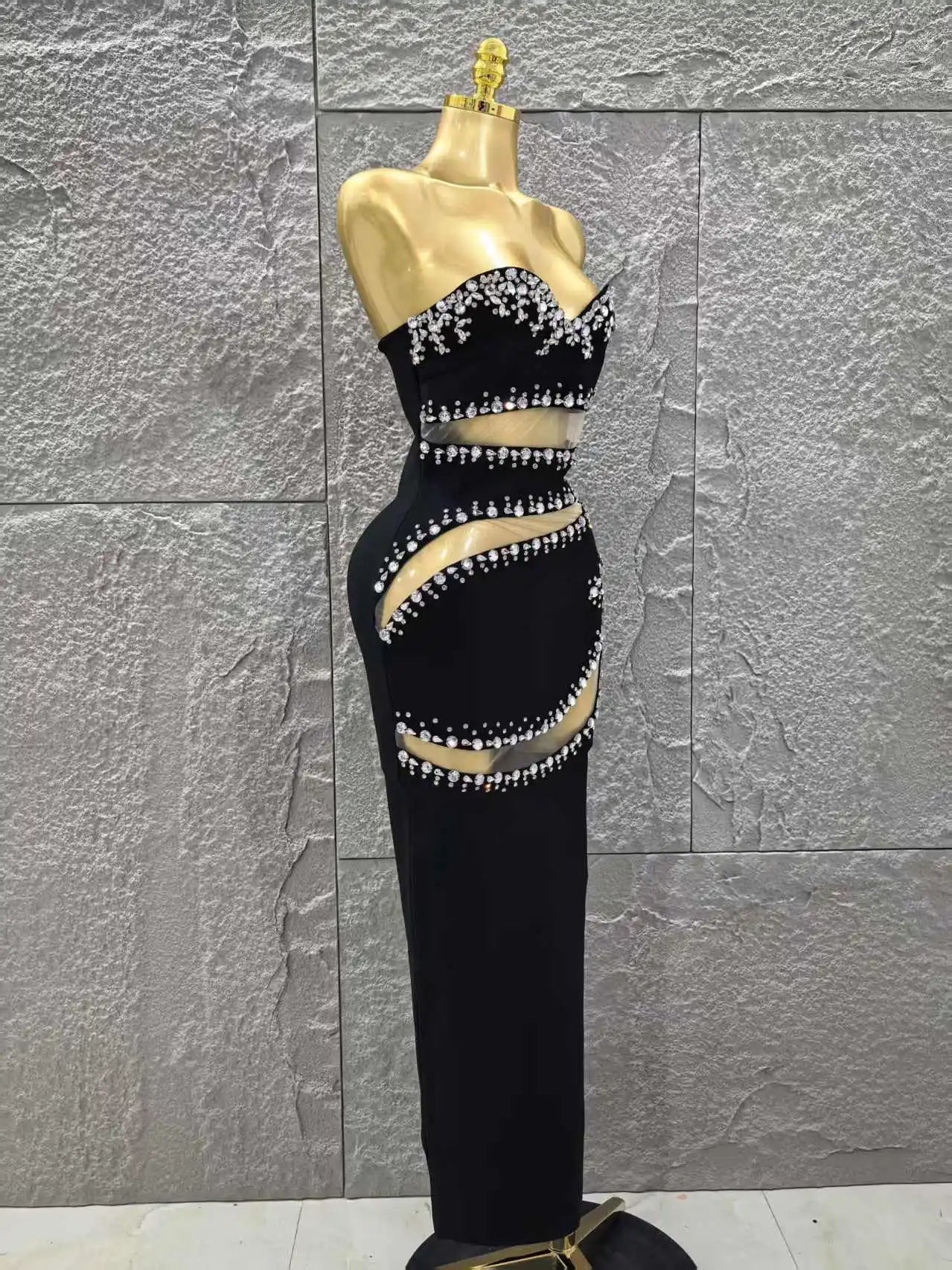 Top Quality Women Sexy Strapless Shinning Crystal Mesh Bodycon Long Bandage Dress Evening Party 2025 New Birthday Outfit