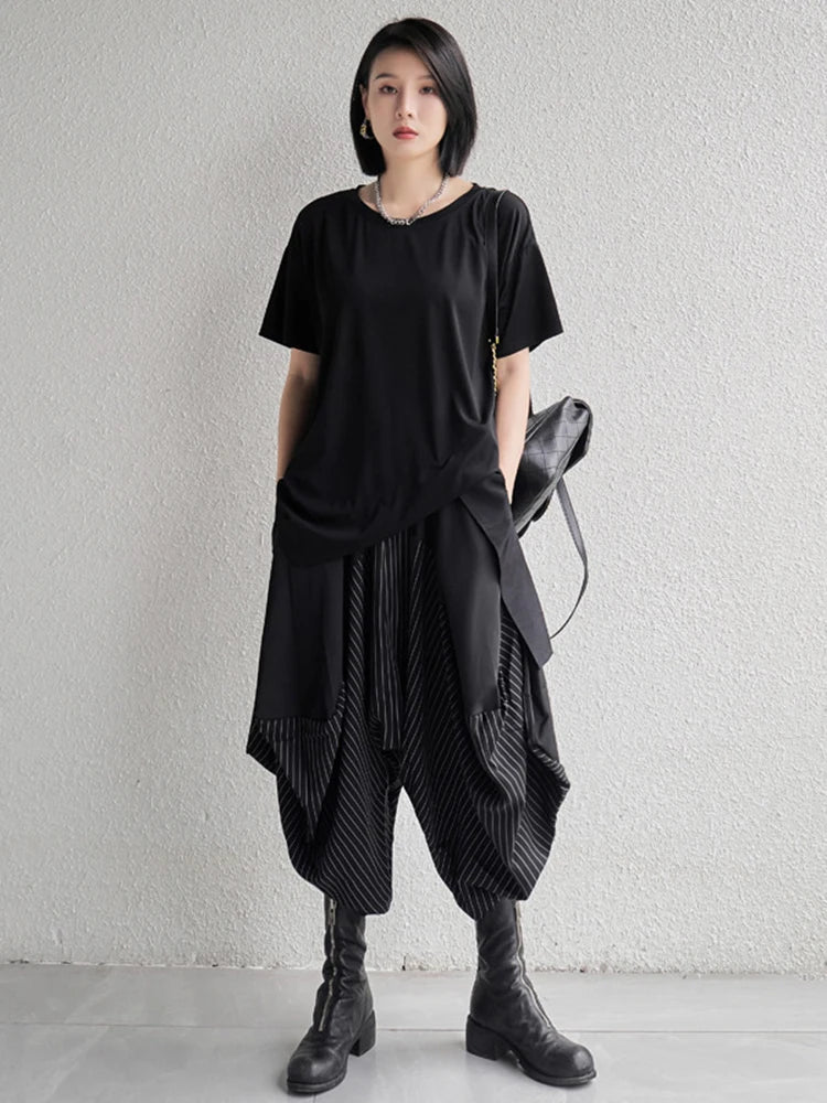 High Elastic Waist Black Striped Spliced Harem Trousers New Loose Fit Pants Women Fashion Tide Spring Summer 1DE0542