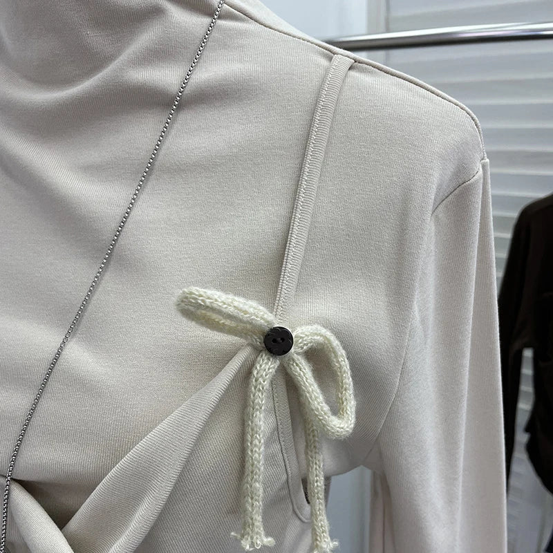 DEAT 2026 Spring New Lace-up Camisole Fake Two-piece Long Sleeve T-shirt For Women Fleece Inner Layer Base Shirt Top 11A07917