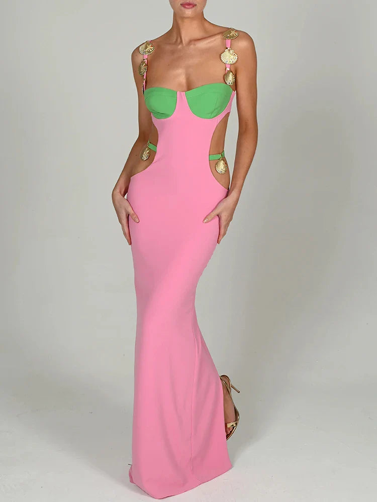 Articat Metal Shell Spaghetti Strap Women Dress Orange Patchwork Hollow Out Maxi Dress Female Skinny Elegant Party Clubwear 2022 Pink Maxi Dress