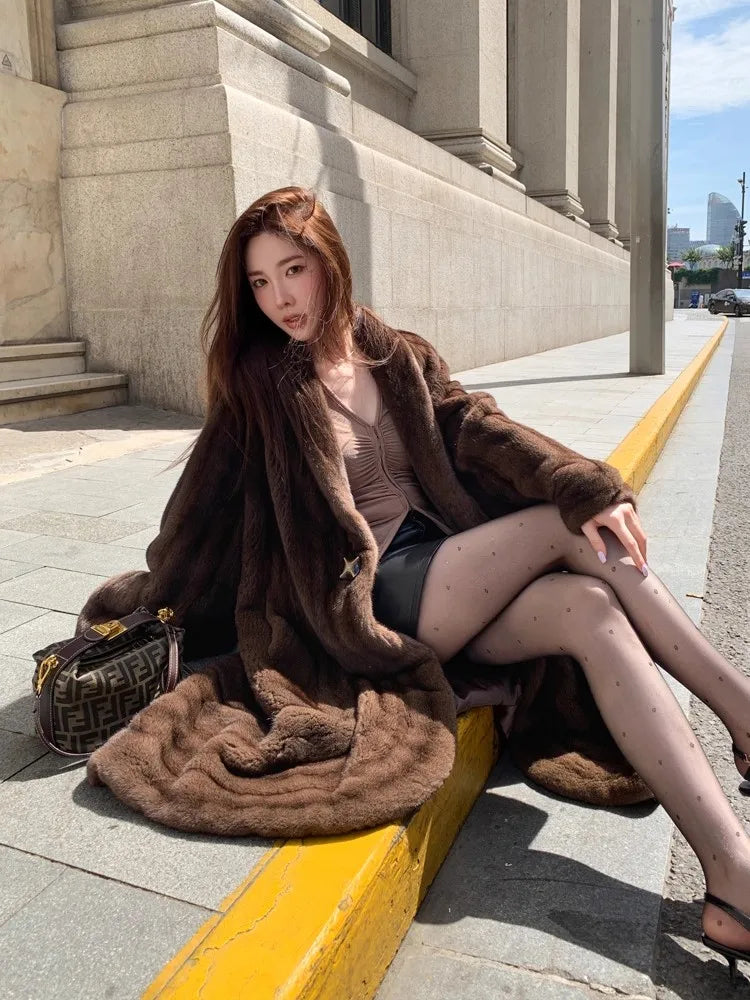 Lautaro Winter Long Luxury Elegant Stylish Thick Warm Fluffy Soft Brown Faux Mink Fur Coat Women Shawl Collar Furry Overcoat