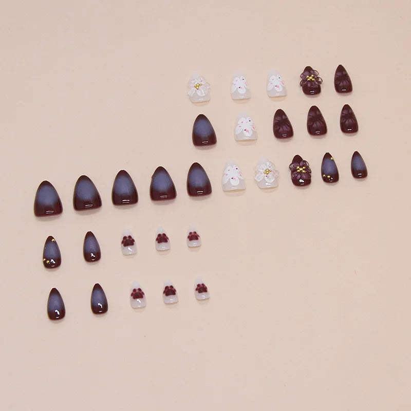 24pcs 3D Purple Flowers False Nails Cat Paw Printed Decor Press on Nails Wearable Detachable Fake Nail Patches Free Shipping