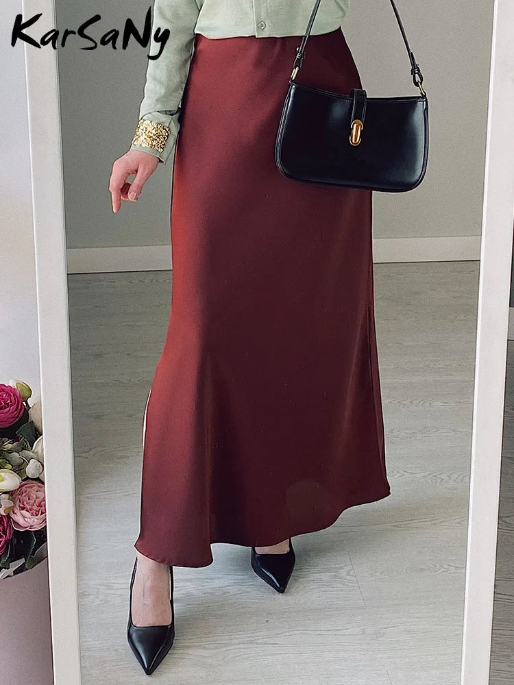 Silk Satin Skirts for Women Summer Casual Style A-line Solid Color Elastic High Waist Side Slit Champagne Skirt