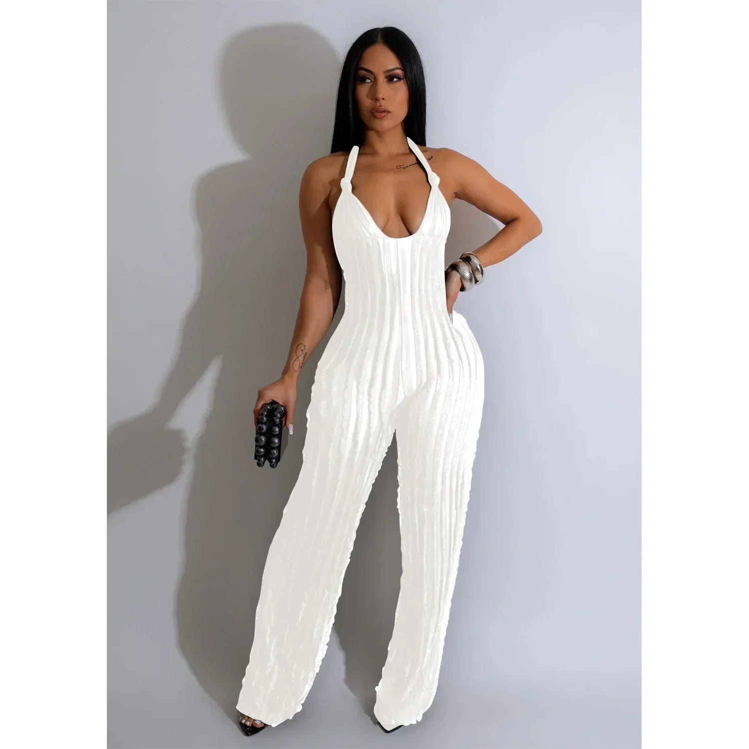 CM.YAYA Fashion Ruffles Women Halter Deep V-neck Backless Wide Leg Jumpsuit 2023 Sleeveless Chic Playsuit One Piece Suit Romper White