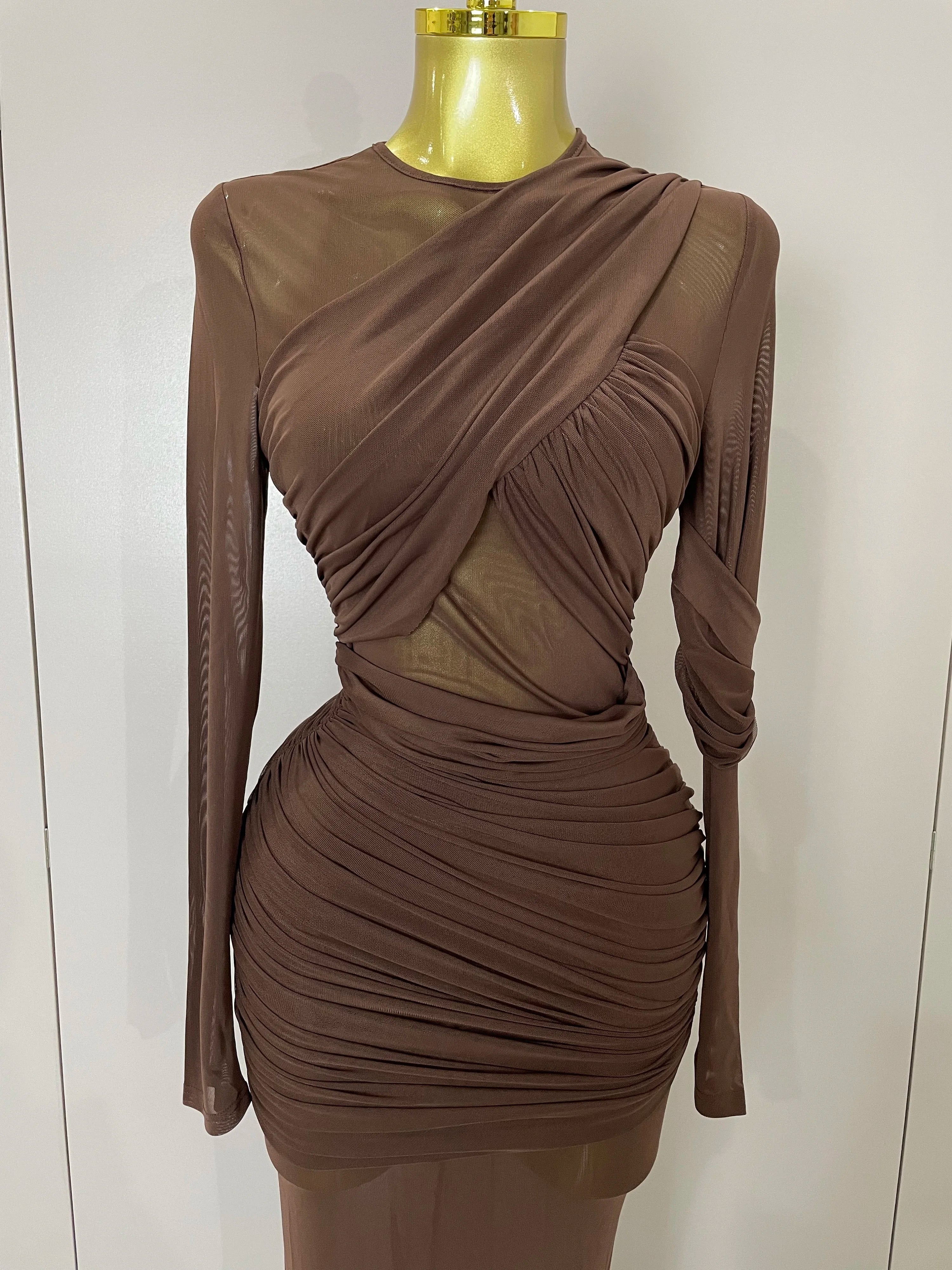 2025 Women Elegant Brown Mesh Fold Long Sleeve Bodycon Dress Evening Party Club Sexy Perspective Fashion Luxury Birthday Dresses