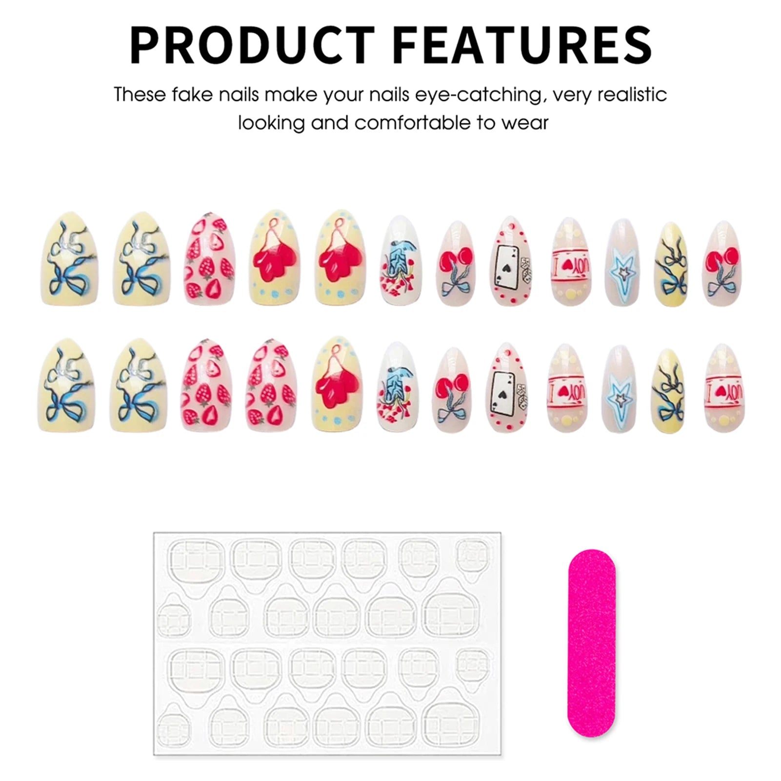 Y2K Girls Almond Fake Nails 24Pcs Colorful Press On Nails Strawberry/Bowknot/Star Printed Party Charm Manicure Stick-on Nail Art