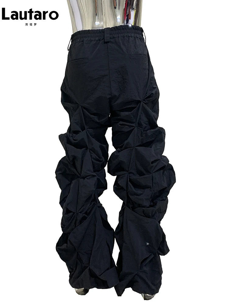 Lautaro Autumn Long Black Waterproof Stacked Pants for Mens with High Elastic Waist Luxury Designer European Fashion Clothing