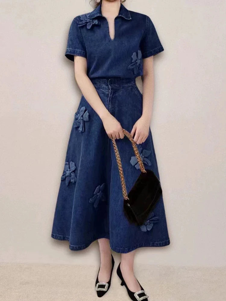 Spring 25 new denim women's suit three-dimensional flower lapel short-sleeved shirt+high waist A-shaped skirt two-piece suit