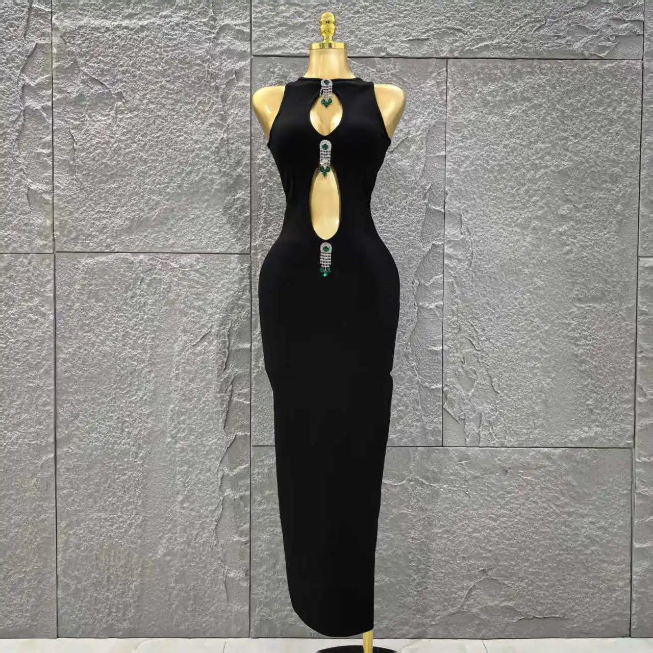 Top Quality Women Sleeveless Sexy Keyholes Shinning Diamond Bodycon Long Bandage Dress Evening Party Celebrate Cocktail Dress black