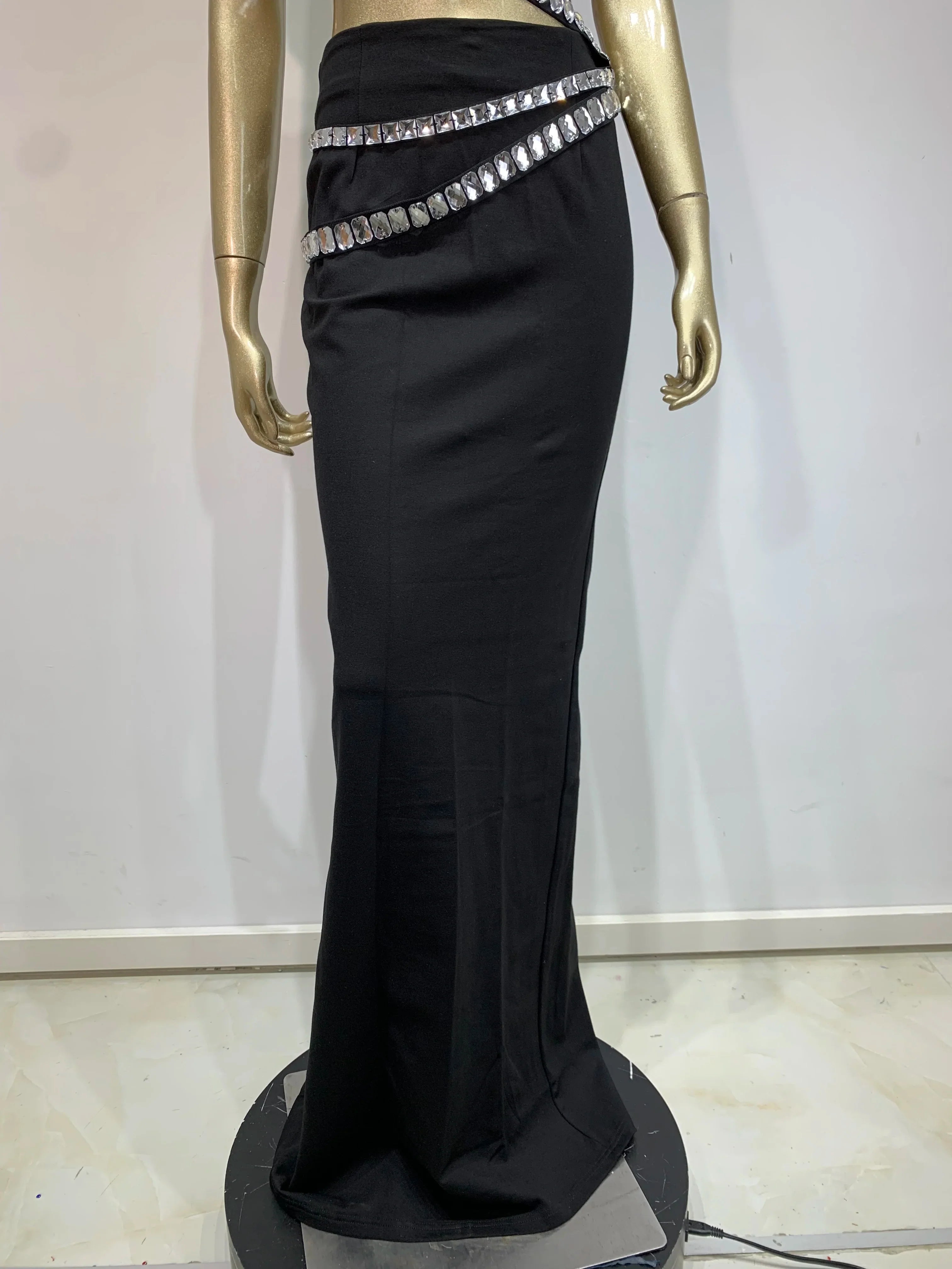 Women Summer Celebrity Sexy Beading Split Maxi Long Black Bandage Skirt Set Knitted Elegant Evening Club Party Clothing
